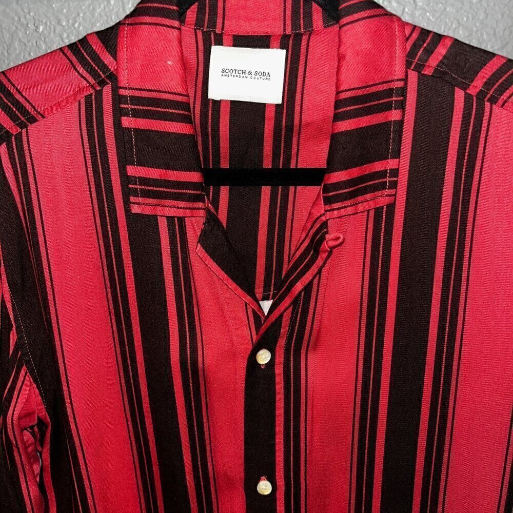 SCOTCH & SODA - Men's Coral Pink & Brown Striped Disco Button Down Shirt -EUC M - Picture 2 of 10